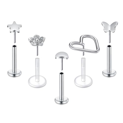 Briana Williams 5 Pièces de vis à Lèvres Labret 16G 8mm Barre de Tragus Rook Papillon Étoile Lune Coeur Fleur en Acier inoxydable d'Argent Transparent...