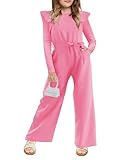 Haloumoning Girls Jumpsuit Kids Fashion Ruffle Long Sleeve Belted Wide Leg Romper One Piece Fall Outfits 5-14 Years, Pink, 9-10 Years