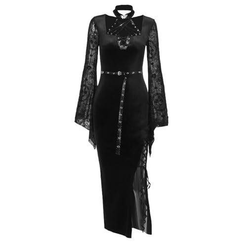 Neues, temperamentvolles Wildlederkleid mit Schlitz und Trompetenärmeln für Damen - Schwarz - S
