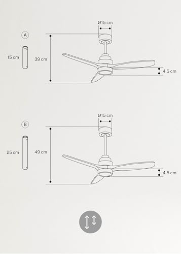 CREATE / WINDSTYLANCE S/ABS Ceiling Fan with Light, White, Light Wood-Effect Blades, with Remote Control / 40W, Quiet, Ø112 cm, 6 Speeds, Timer, Summer-Winter Mode, Dual Height, DC Motor
