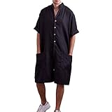 GTHTTT Einteiliger Schlafanzug Baumwolle mit Knopfleiste Schlafshirt Kurz Modisches Kurzarm Männer Nachthemden Jumpsuit (3XL,Black)