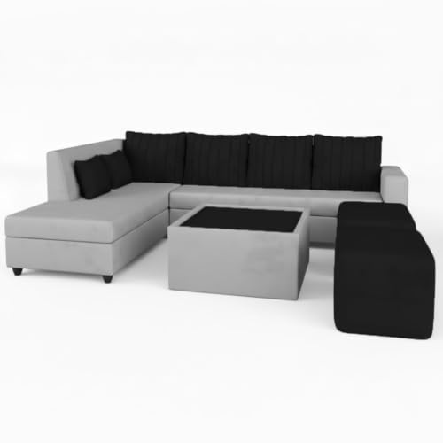 Image of CASASTYLE Stylano 8 Seater Fabric LHS L Shape Sofa Set with 1 Centre Table & 2 Ottoman (Black-Light Grey) 8-Person Seating with Premium Velvet Fabric Sofa