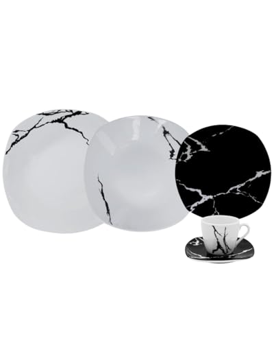 Omniacasa Servizio di Piatti in Porcellana Resistente, Set 31 Pezzi per 6 Persone, Design Marmorizzato Colore Bianco e Nero con Tazzine da Caffè, Lavabile in lavastoviglie, Idea Regalo