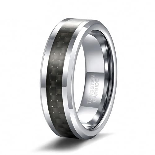 Alianza de boda de tungsteno de 6 mm para hombre con fibra de carbono negra antiarañazos