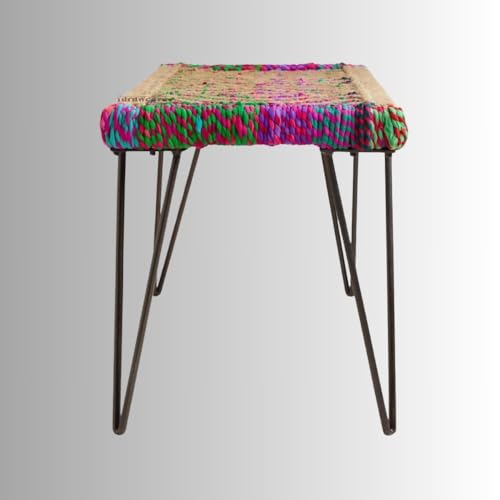 Image of Noora Metal Bench for Seating with Sturdy Iron Legs | Stylish Bench for Living Room, Balcony & Garden | Traditional Patio for Outdoor and Indoor with Chindi and Jute Rope | Multicolored