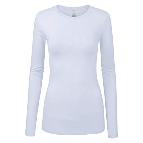 COLOR STORY Womens Junior Basic Solid Multi Colors Slim Fit Long Sleeve Round Neck Top (1100-White, Large) Cover