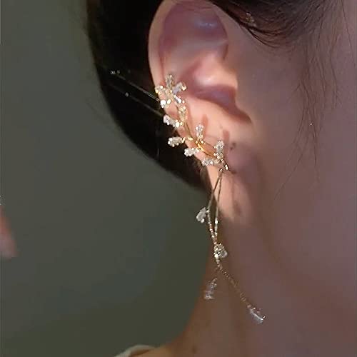BETHYNAS Glitter Rhinestone Butterfly Flower Ear Cuff Sparkly Non-Pierced Crystal Tassel Fake Earrings Climber Lady Ear Wrap Bridal Party Ear Jewelry for Women and Girls3