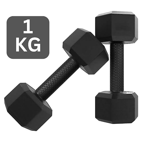 Image of ABB INITIO GYM Hex Dumbbells PVC Encase Coating Free Weight Dumbbell Set for Strength Training, Home Gym Fitness and Full Body Workout, 1kg Pair, Black