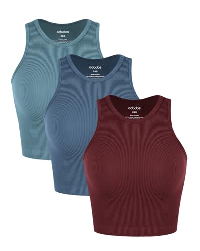 Image of ODODOS 3-Pack Seamless Crop Tank for Women Ribbed Soft High Neck Cropped Tops