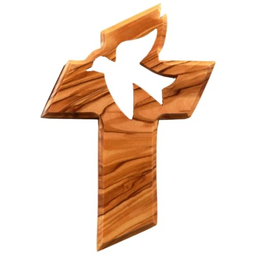 KASSIS Cruz colgante de madera de olivo con paloma de la paz – Cruz de pared hecha a mano en Belén – Regalo religioso para bautizo, primera comunión, confirmación, boda