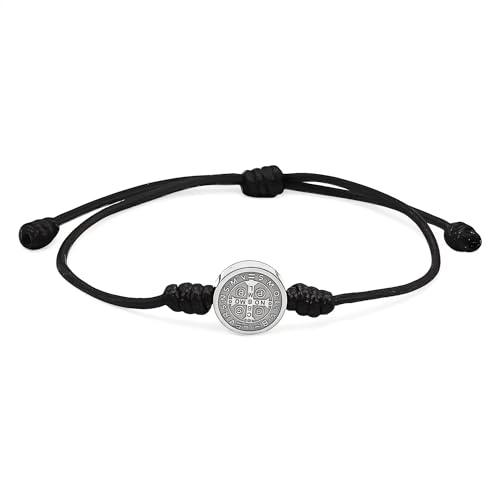 arana's® - Pulsera de hilo con MEDALLA CRUZ SAN BENITO - Pulseras religiosas hilo rojo y negro unisex para mujer y hombre - Amuleto contra el mal de ojo - Buena suerte protección (Negra y Plata)