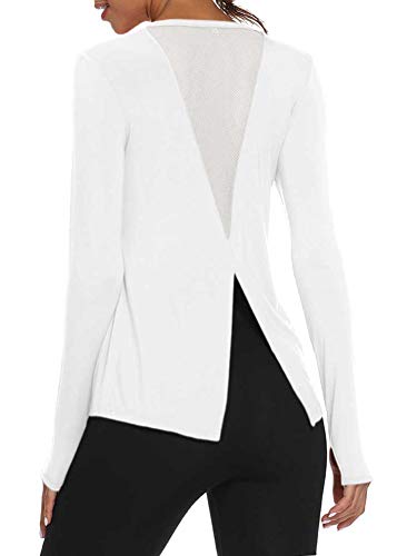 Mippo Long Sleeve Wokout Tops for Women Loose Fit Yoga Exercise Tops Open Back Workout Thumb Hole Shirts Running Fitness Clothes Long Tank Tops Scoop Neck Sports Activewear 2020 White S