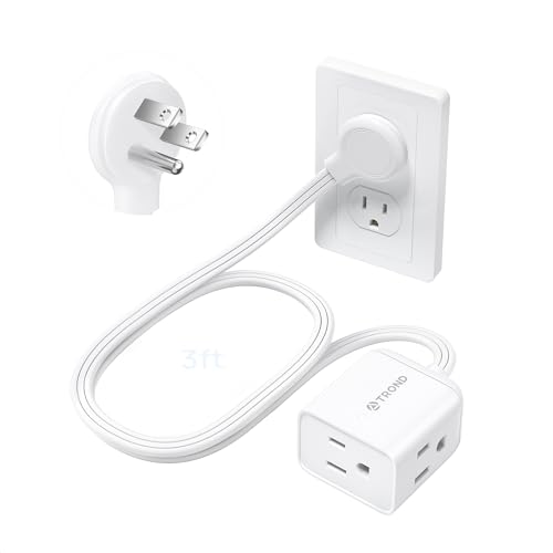 Image of TROND Short Flat Extension Cord 3ft - Left Angled Flat Plug Power Strip, ETL Listed, 3 Plug Extension Outlets, Three Prong, 16 Gauge Wire, 13A, Small for Indoor Home Office Cruise Ship Travel, White