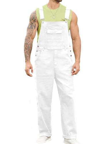 Odefou Overalls for Men Fashion Jumpsuit Work Bibs Coveralls Overol para Hombre White Elephant Gifts(White M)