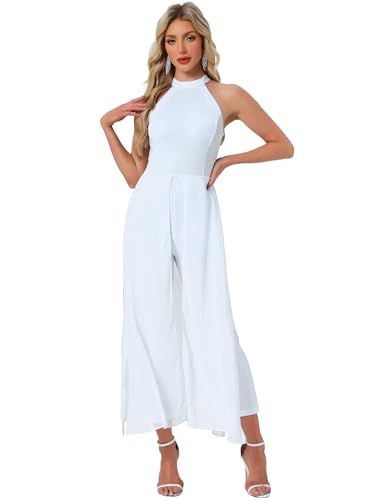 Allegra K Elegant Jumpsuit for Women's Summer Sleeveless Halter Neck Belted Wedding Chiffon Wide Leg Dressy Jumpsuits White XS