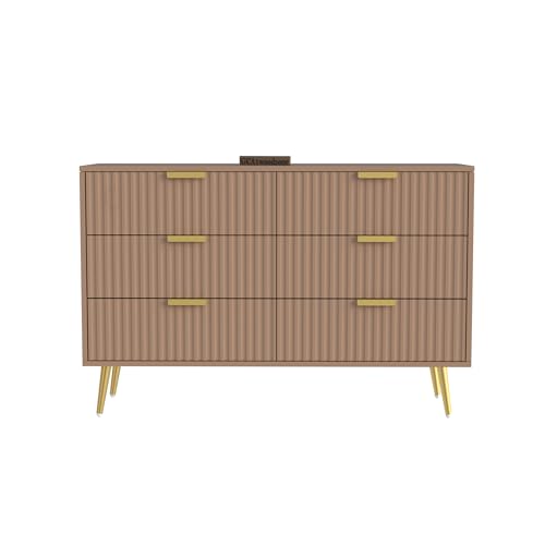 Image of Wooden Chest of Drawers | 6 Drawers Dresser Console Cabinet For Bedroom, Living Room, Drawing Room & Office | Sideboard | Multipurpose Storage | HDMR Premium Wood & Iron | Taupe & Golden