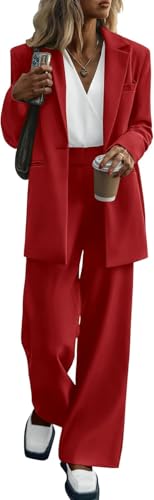 Trajes de Dos Piezas de otoño para Mujer Chaqueta Tipo Blazer y Pantalones de Pierna Ancha Bolsillos Conjuntos de Trajes Casuales de Negocios (Rojo,S)