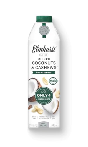 Elmhurst 1925 Unsweetened Coconut & Cashew Milk - 32 Ounce Dairy-Free, Gluten-Free, Vegan, Shelf Stable Milk Made w/Coconut Cream & Cashews for Healthier, Simpler Plant-Based Alternatives