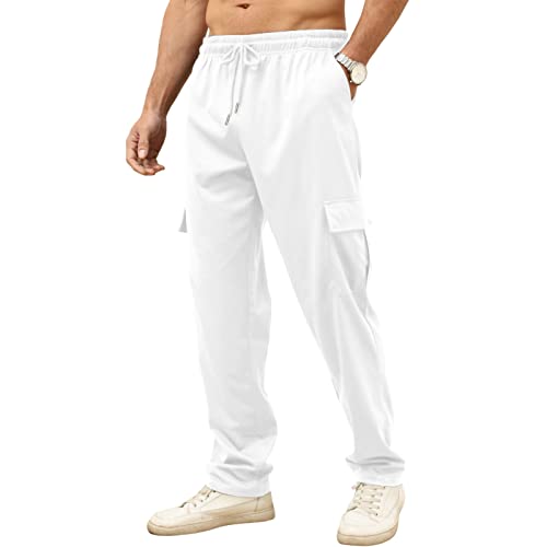Ctu Mens Workout Cargo Sweatpants Athletic Pants Open Bottom Joggers Casual Baggy Sweatpants With Pockets White #TOP2