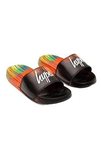 Image of hype KIDS UNISEX RED MULTI DRIP SCRIPT SLIDERS Size: KIDS10