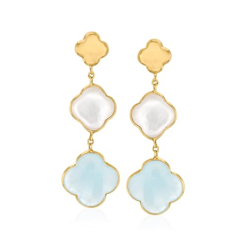 Image of Ross-Simons Italian Mother-Of-Pearl and 5.00 ct. t.w. Aquamarine Clover Drop Earrings in 14kt Yellow Gold