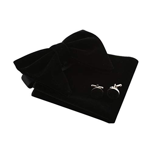 Lovacely Mens Oversized Velvet Bow Tie Vintage Tuxedo Big Bowtie And Pocket Square Cufflinks Set 250171 Black #TOP1