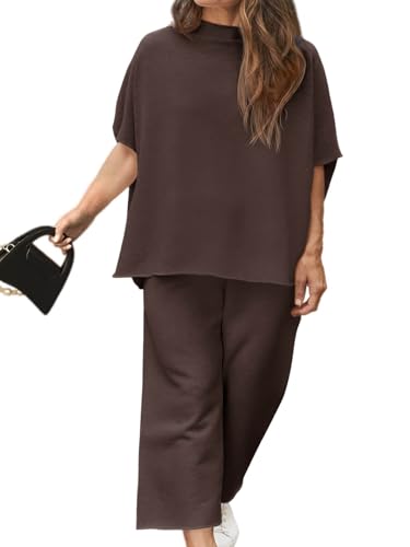 Image of Beautife Women's Plus Size 2 Piece Outfits 3 /4 Batwing Sleeve Capelet Crew Neck Pullover Top Wide Leg Pants Lounge Set