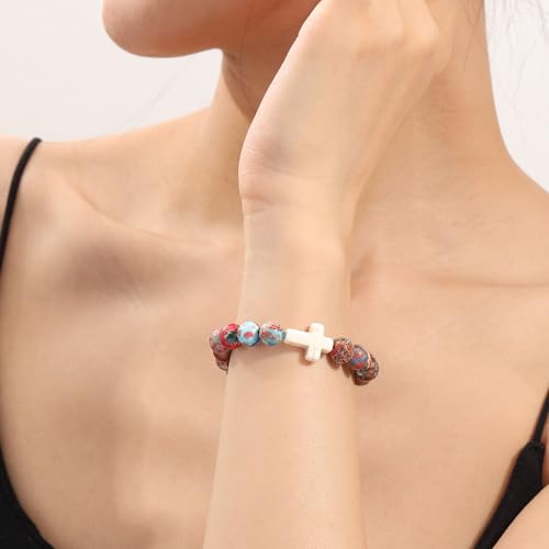 Image of Cross Bracelets for Women, Christian Gifts for Women Stocking Stuffers for Teens Cross Bracelet Imperial Nature Stone Bead Bracelet Confirmation Baptism Gift for Teen Girls Christmas Religious Gift Cathlic Faith Jewelry