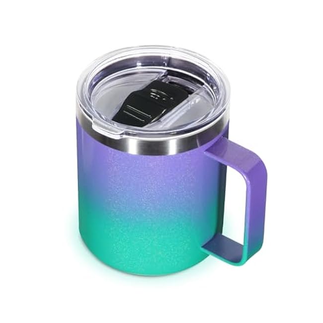 Volhoply 14oz Insulated Stainless Steel Coffee Mug with Leakproof Lid,Double Wall Vacuum Travel Coffee Cup with Handle,Reusable Cups Tumbler,Camping Mugs Keep Hot,Ideal Gifts(Purple Green,1)