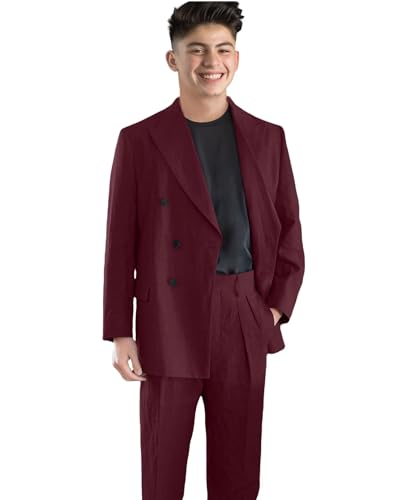 Men's 2 Piece Linen Suits Set Slim Fit Casual Double Breasted Linen Suit Men Summer Beach Wedding Suits