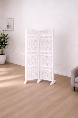 Image of Home & Goods International Wooden Room Divider Partition - Foldable Wood Screen Separator for Living Room, Bedroom, Office, Restaurant || Kangra Badrun Design, White (2 Panel with Stand)