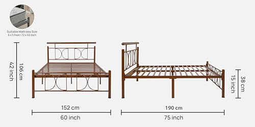 Image of Mexo Metal Queen Size Bed Without Storage | Wrought Iron Double Bed with Headboard & Footboard | Sturdy Powder Coated Platform Bed Queen Size Cot for BedroomLivingRoom Brown (75x60)
