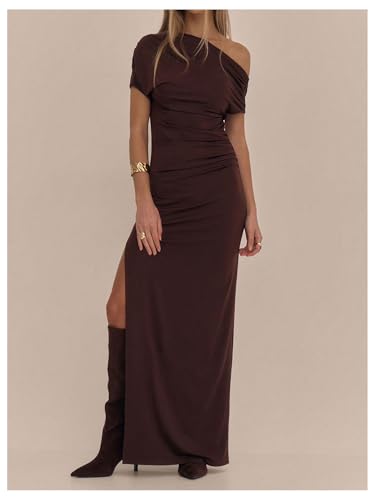 GORGLITTER Women's Asymmetrical Neck Ruched Bodycon Maxi Dress One Shoulder Short Sleeve Dinner Cocktail Long Dresses4