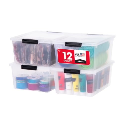 Image of IRIS USA 4-Pack 12 Qt Storage Bins with Lids, Plastic Box, Clear /Black