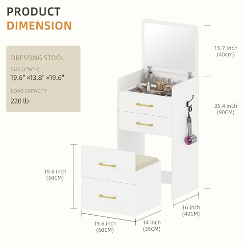 Gurexl 3 in 1 Vanity Desk with Flip Top Mirror for Bedroom,Small Compact Vanity with Visible Glass Desktop for Cloakroom,Makeup Vanity Set with 3 Drawers,Cushioned Stool,Dressing Table,White