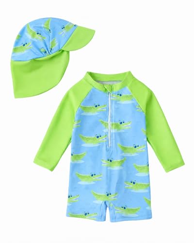JiAmy Maillot de bain à manches longues avec protection UV pour bébé garçon avec bonnet, maillot de bain pour bébé et enfant, maillot de bain pour la natation, 6 mois-6 ans, 1-2 ans