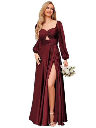 VCCICANY Long Sleeve Bridesmaid Dresses for Women Satin Sweetheart Ruched Long Formal Dresses Evening Gown with Slit