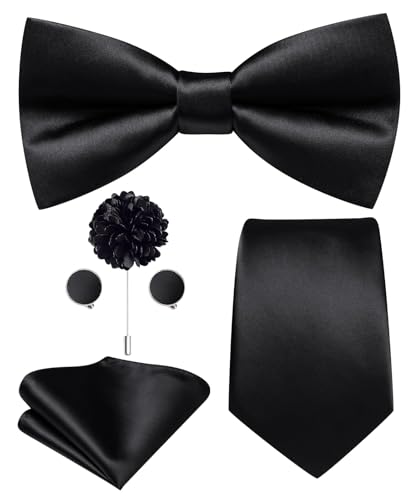 Image of Hi-Tie 5Pcs Mens Solid Color Silk Tie Satin Pretied Bowtie Lapel Pin for Men Handkerchief Cufflink Wedding Gift Box