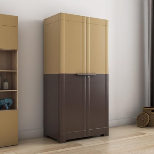 Image of Nilkamal Freedom Mini Medium (FMM Duet) Plastic Wardrobe for Storage|3-Year Warranty|Clothes Cupboard|Almirah for Home, Living Room, Bed Room|Adult & Kids|Rattan Dark Beige /Weather Brown