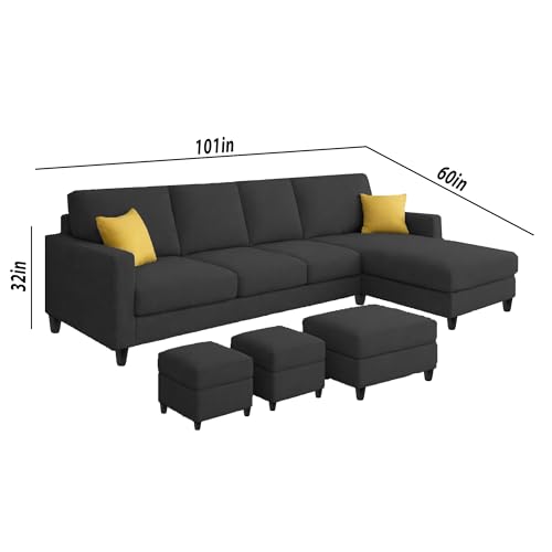 Image of Casaliving Rolando Seater L Shape Sofa Set for Living Room Left Side (Black, 6 Seater with Ottomon - RHS)