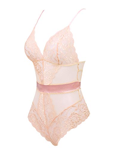 Joyaria Womens Peach Pink Lace Lingerie Bodysuit One Piece Teddy,Large - Image 4