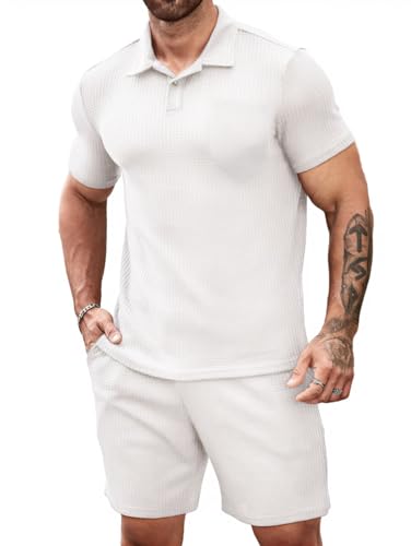 Men's 2 piece Casual outfit's Waffle Knit polo shirt's and short's set summer two pieces knitted sets