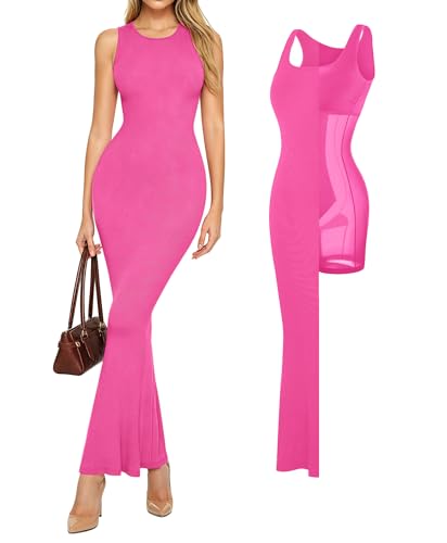 Image of Popilush Built-in Bra Shapewear Maxi Long Dresses for Women Bodycon Sleeveless Modal Casual Formal Tummy Control Dress