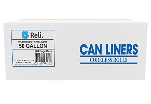 Reli. Trash Bags, 50 Gallon (200 Count) (Clear) - Star Seal High Density - Easy Grab Rolls - Can Liners, Garbage Bags with 45 Gallon (45 Gal) - 50 Gallon (50 Gal) Capacity