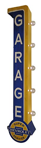 Chevrolet Licensed Super Service Garage - Reproduction Vintage Advertising Sign - Battery Powered LED Lights, Double Sided Metal Wall Mounted - 40 x 8 x 4 inches