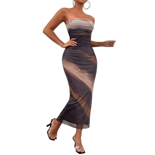 Image of LIGHT DOT Women's Summer Maxi Dress Tie Dye Strapless Tube Bodycon Side Slit Mesh Layered