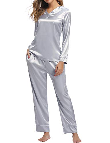 Hawiton Women's Silk Satin Pajamas Set V Neck Long Sleeve Sleepwear Loungewear with Pockets Silver