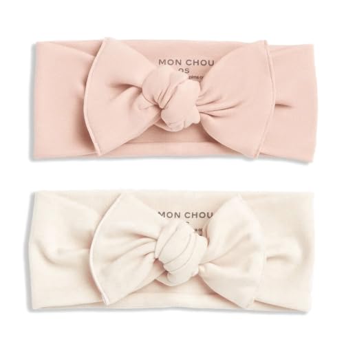 MON CHOU Baby Headbands - Set of 2 Organic Cotton Headbands for Baby Girls - Ultra Soft, 100% Pima Cotton Infant Hair Bows (Ivory & Bloom)