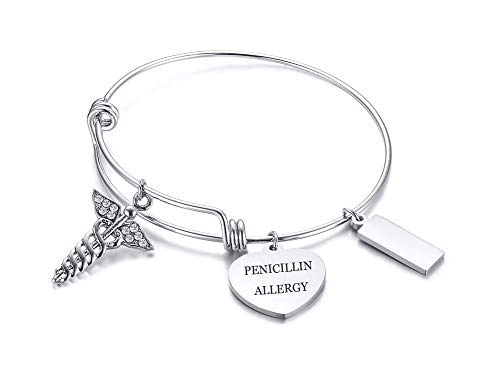 XUANPAI PENICILLIN Allergy Stainless Steel Medical Alert ID Expandable Charm Bracelet for Women Girls