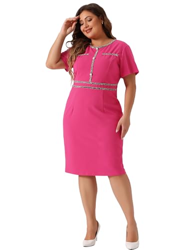 Image of Agnes Orinda Plus Size Dresses for Women Button Crew Neck Vintage Wear to Work Office Party Bodycon Pencil Dress